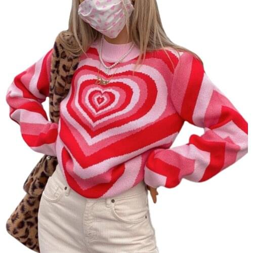 Women Love Heart Print Sweater, Long Sleeve O-neck Knitted Pullover for Autumn, Winter