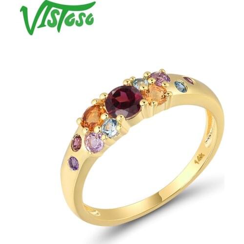 VISTOSO Pure 14K 585 Yellow Gold Rings For Lady Sparkling Multicolor Gems Rhodolite Garnet Amethyst Citrine Topaz Fine Jewelry