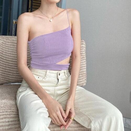2021 Summer New Knitted Slim-Fit Off-Shoulder Off-Neck Hollow Vest Solid Color Shoulder Belt Design Small Sling Women
