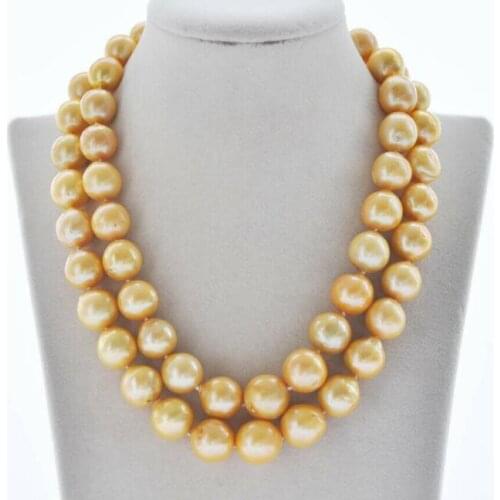 2Row 11-13mm Golden Round Edison Keshi Reborn Pearl Necklace 17"
