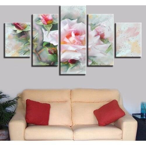 HD Printing Decoration Home Living Room Art Canvas Pictures 5 Pieces Pink Flower Posters Modular Painting Framework Wall Artwork