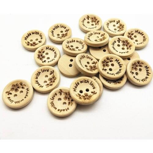 50pcs 15mm/20mm Natural Rose Flower Made With Love Laser Wood Buttons Round Sewing DIY 2 Hole Crafts For Scrapbooking