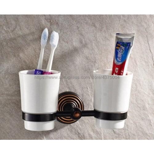 Bathroom Accessory Wall Mounted Black Oil Rubbed Bronze Toothbrush Holder with Two Ceramic Cups Nba143
