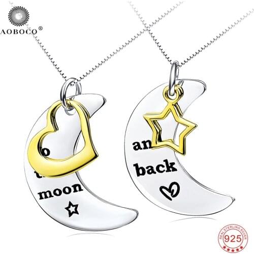 AOBOCO 925 Sterling Silver Gold Star and Heart Pendant Necklace I Love You to The Moon Back Lover Jewelry Moon Necklace GNX0396