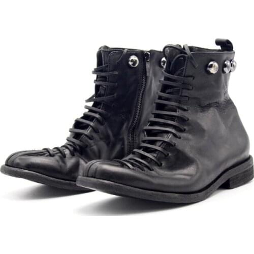 New winter round men rivet ankle boots men shoes Goodyear shoes fashion 100% genuine leather lace up mens boots