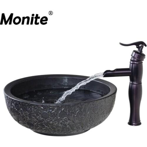 Monite ORB Black Basin Tap Bathroom Sink Washbasin Ceramics Hand-Paint Lavatory Combine Brass Set Faucet Mixer Tap