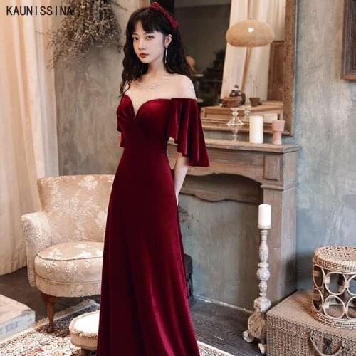 Long Evening Dress Elegant O-Neck Velour Evening Party Dress Short Sleeve Floor Length Formal Gown for Women Prom Dresses