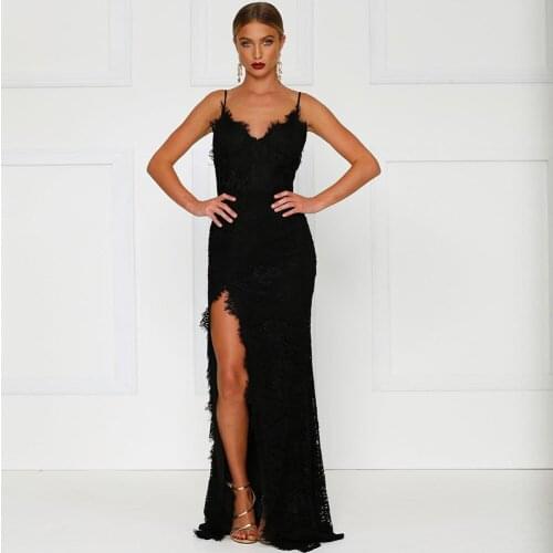 Elegant Black Lace V-Neck Side Slit Evening Dress 2021 Spaghetti Straps Backless Sweep Train Special Occasion Gowns