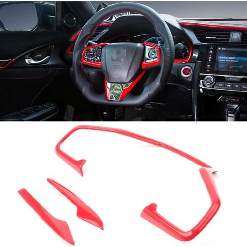 3Pcs Red Car Steering Wheel Frame Cover ABS Decoration Moulding Trim For Honda Civic X 2016 2017 2018 For Civic 10th 16 17 18