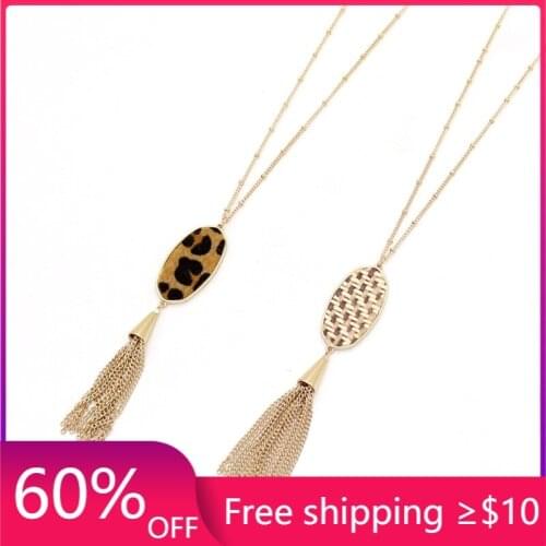 Fashion Hexagon Leopard Rope Braided Pendant Necklace & Matched Tassels Long Chain Sweater Necklace Geometric Jewelry