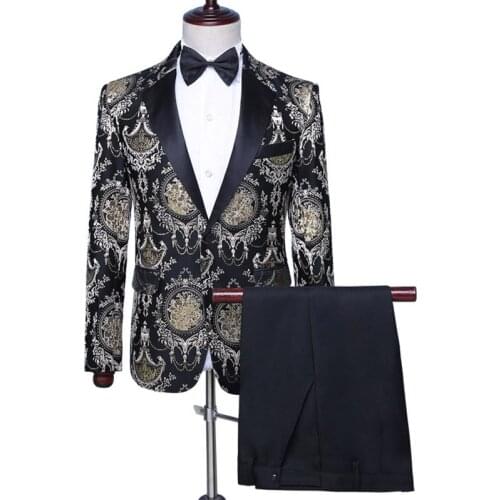 Mens Stylish Embroidery Slim Suits Stage Singer Wedding Groom Suits Men Costume (Jacket Pants)