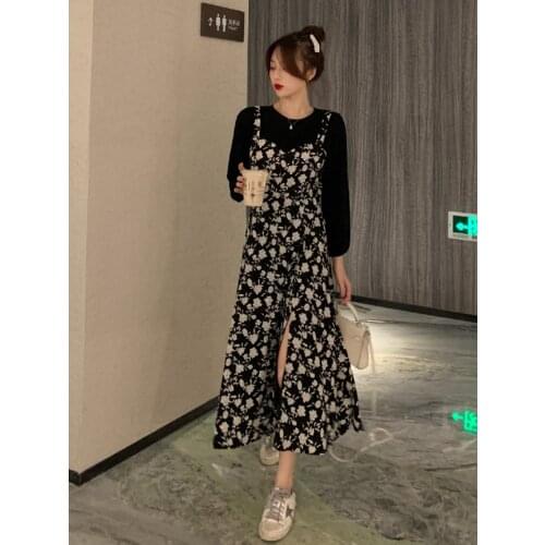 Spring and autumn 2021 new fake two-piece French niche skirt floral Hepburn style retro dress for women