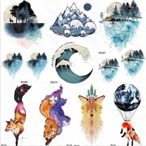 OMMGO Watercolor Surfing Temporary Tattoos Sticker For Kids Forest Ocean Wave Mountain Custom Tatto Body Art Arm Fake Fox Tattoo