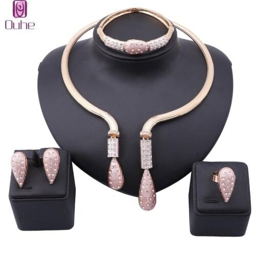 Luxury Dubai Party Crystal Earring Necklace Bangle Ring African Nigerian CZ Gold Colorful Wedding Jewelry Set for Brides