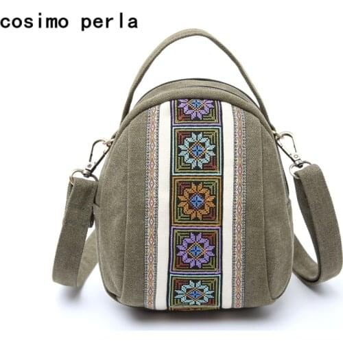 Boho Ethnic Style Small Shell Crossbody Bags for Women 2021 Summer Canvas Tote Handbags Travel Retro Embroidery Floral Purses