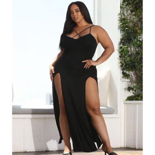 Plus Size Women Clothing Summer Sexy Ladies Deep Cowl Neck Spaghetti Strap Backless Black Maxi Dresses