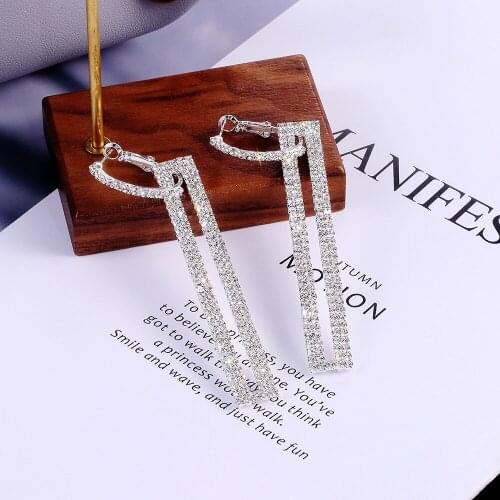 Korean Fashion Flash Crystal Long Earrings Geometric Hollow Square Rhinestone 2020 Trendy Earrings for Women Party Jewelry