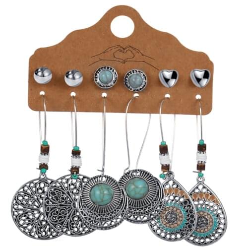 6 Pair/Set Retro Round Stone Hollow Feather Semicircle Earrings for Women Ethnic Wooden Long Tassel Drop Earrings Jewelry