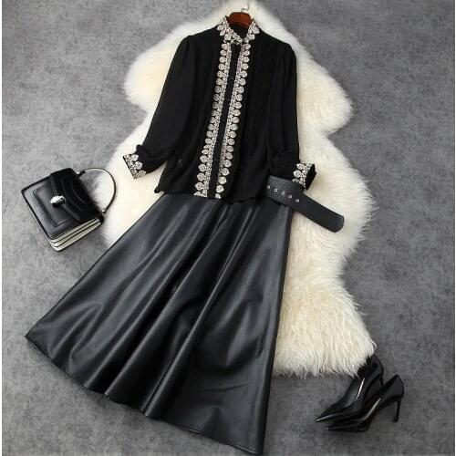 2020 autumn and winter womens new style embroidery loose chiffon shirt + PU leather big skirt temperament suit