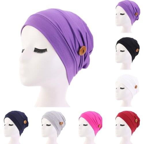 2020 New Solid Elastic With Button Hat Women Turban Hat Cap Solid Nightcap Nurse Hat Femme Soft Cotton Headscarf