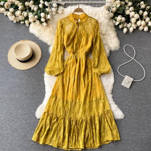 Aibeautyer New Autumn Casual Solid Slim O Neck Lady Full Dress A Line Chiffon Pullover Mid-Calf Puff Sleeve Women Dresses