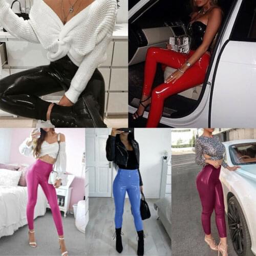 2020 Women Wet Look Stretchy Slim Thin Long Pants Fashion Sexy Solid Red PU Faux Leather Skinny Gothic Leggings Pencil Trousers