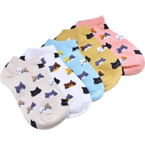 3 Pairs/lot Womens Socks Summer Cartoon Cute Cat Face Girls Ankle Socks Female Breathable Gentle Color Ladies Funny Sock Meias