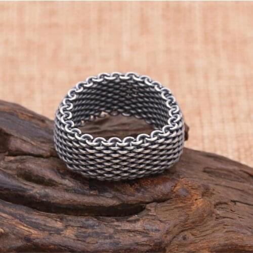 Antique Silver 925 Link Weave Band Ring Men 1.0cm Soft Band Simple 100% Real 925 Sterling Silver Material Top Craft Mens Jewelry