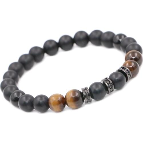 Mestylish Simple Copper Zircon Stopper Charm Matte Blackstone Tiger Eye Beads Bracelet For Men Women Christmas Jewelry Gift