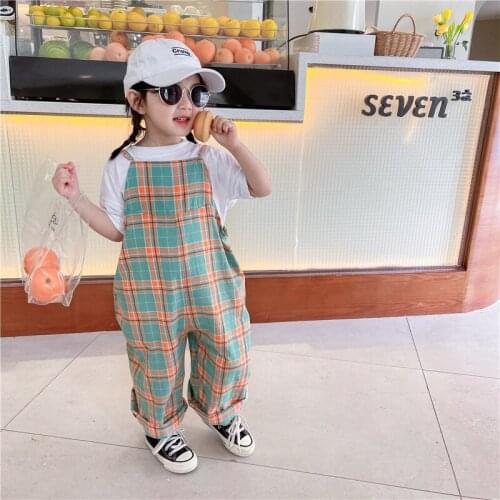 Childrens Overalls 2 3 4 5 6 7 Y Baby Girls Koran Loose Plaid Jumpsuits Cotton Wide Leg Suspender Pants for Girl Kids Trousers