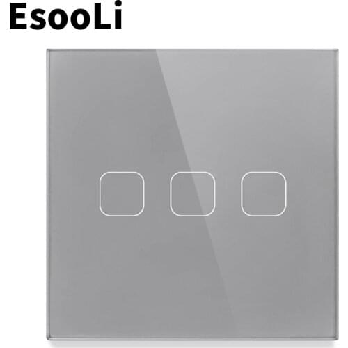 EsooLi Grey 3 Gang 1 Way EU/UK Standard Light Switch Wall Touch Sensor mute Switch,Crystal Glass switch power,luxury Wall Touch