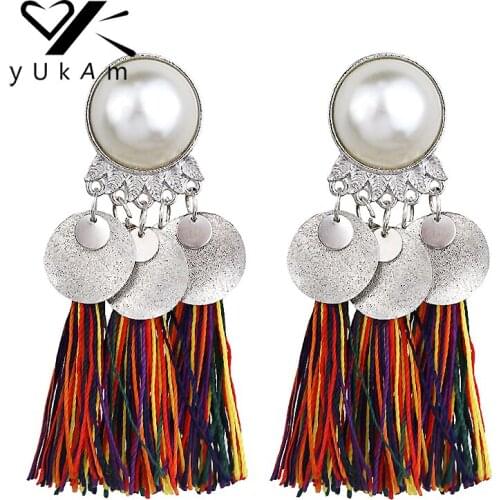 YUKAM Ethnic Boho Long Cotton Tassel Earrings Dangle Drop Fringed Coin Earring Women Simulated Pearl Exaggerated Tassle Earrings