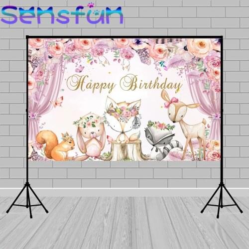 Woodland Party Birthday Photo Studio Customize Kids Newborn Baby Shower Photocall Pink Flower Background Curtains