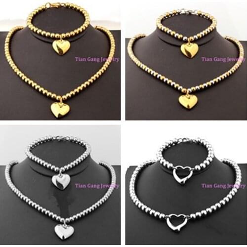 HOT Silver Color/Gold/Silver Gold Color Stainless Steel fashion Jewelry 6mm Rosary Beads Link Heart Necklace Bracelet sets