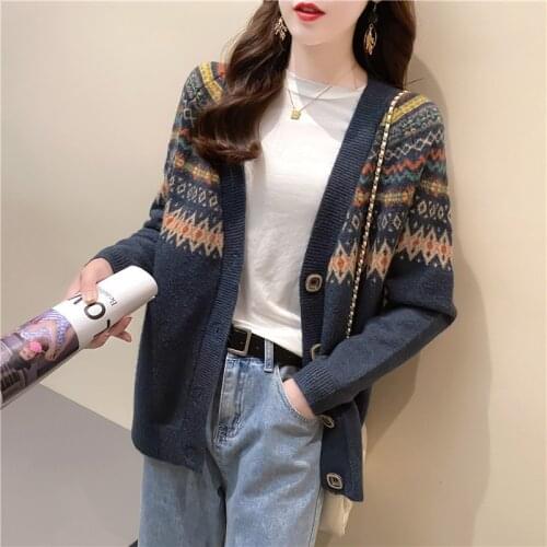 Retro Cardigan Jacquard V-Neck WomenS Sweater Jacket Autumn Casual Single-Breasted Knitted Cardigan Sweater Woman 2020 AA5589