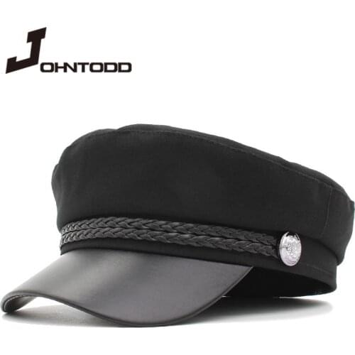 2020 new fashion unisex PU leather military hat autumn sailor hat man black gray flat top female travel student hat captain hat