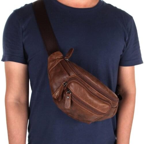 Fashion Mens Phone Waist Bag First Layer Cowhide Chest Bag Genuine Leather Business Bag Outdoor Sports Shoulder Crossbody Bag