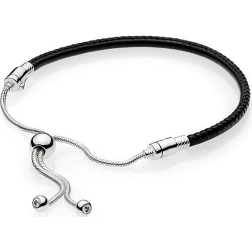 Genuine 925 Sterling Silver Sliding Black Leather Bracelets for Women DIY Charms Beads Jewelry Making Pulseras Wholesale