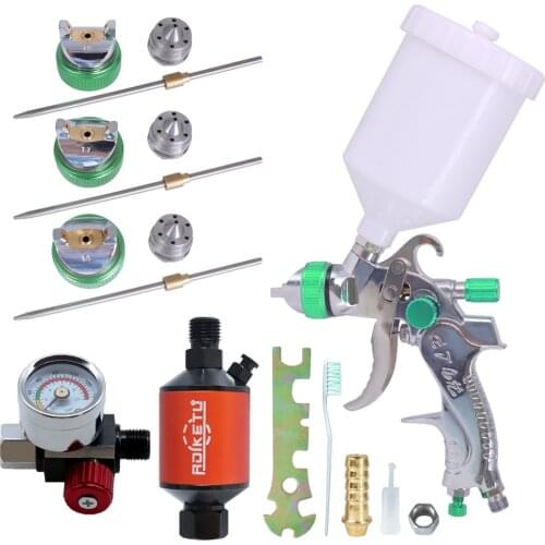 Professional HVLP Spay Gun 1.4/1.7/2.0mm Nozzle Gravity Airbrush +Pressure Regulator + Water And Oil Separator Set