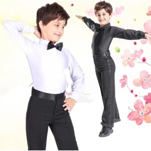 Boys Comfort Latin Dance Shirts Children Black White Fitness Top Long Sleeve Male ChaCha Tops Boy Indian Blouse B-6991