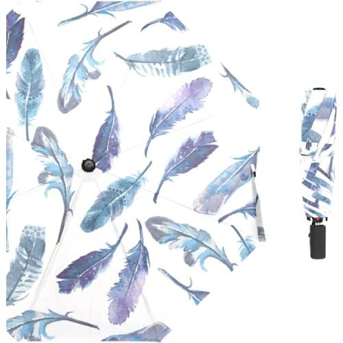 Ultralight Umbrella Watercolor Feathers Non Automatic Sun Umbrella Rain Women Anti UV Parasol Three Folding Umbrellas Portable