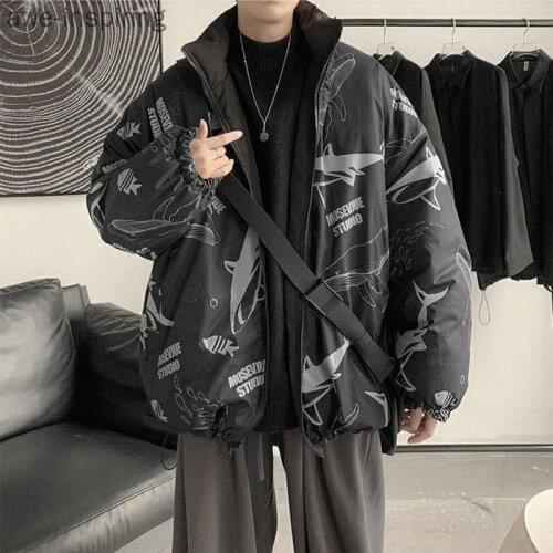 Awe-inspiring Shark Printed Cotton-padded Jacket Mens Loose Jacket Winter Cotton-padded Jacket Trend Quilted Jacket Keep Warm