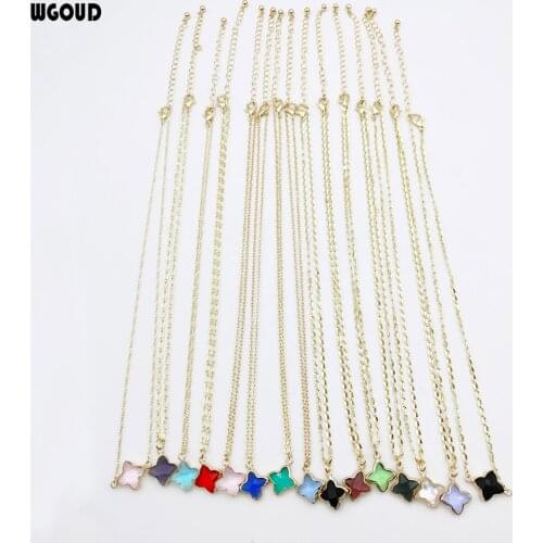 Wgoud Colorful Crystal Four Leaves Clover Pendant Necklace Double Side Lucky Stone Short Women Jewelry Gift