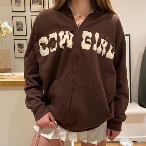 Y2K 2021 Womens Casual Zip Up Hoodies Long Sleeve Letter Pattern Hooded Sweatshirts with Pockets