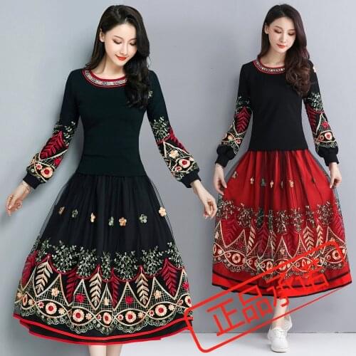 Camiseta mujer women tops autumn spring Mexico style plus size ethnic long sleeve black embroidery t shirt tee GD43