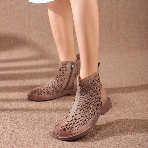 Handmade Round Toe Flat Womens Ankle Boots Summer Casual Weave Hollow Boots for Women Genuine Leather High Quality Boots Woman