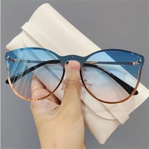 2021 New Frameless Cat Eye Round Sunglasses Womens Korean Version Metal Rimless Gradient Sun Glasses Luxury Shades UV400 очки