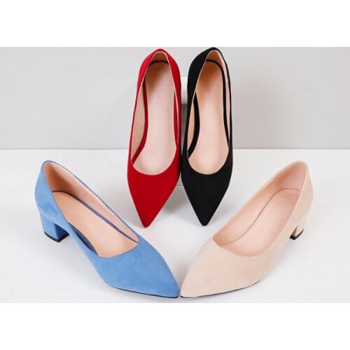 Ochanmeb Good Quality Handmade Faux Suede Square Heels Shoes Woman Big Plus Size 43 Slip ons Shallow Office Work Dress Pumps Red