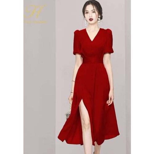 H Han Queen New Summer v-neck mesh slit sexy Vestidos Vintage Dress Fashion Elegant A-line Simple Women Evening Party Dresses