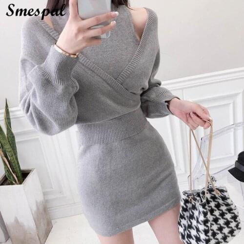 Winter Dress Women Fashion Knitted Bodycon Dress Sexy Long Sleeve Sweater Mini Dress Set 2 Pieces
